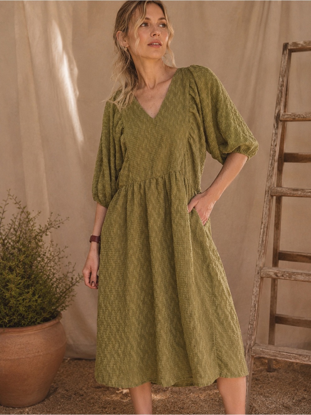 Ophelia Roe Green Boho Peasant Babydoll Lined Pocket Dress Size Large